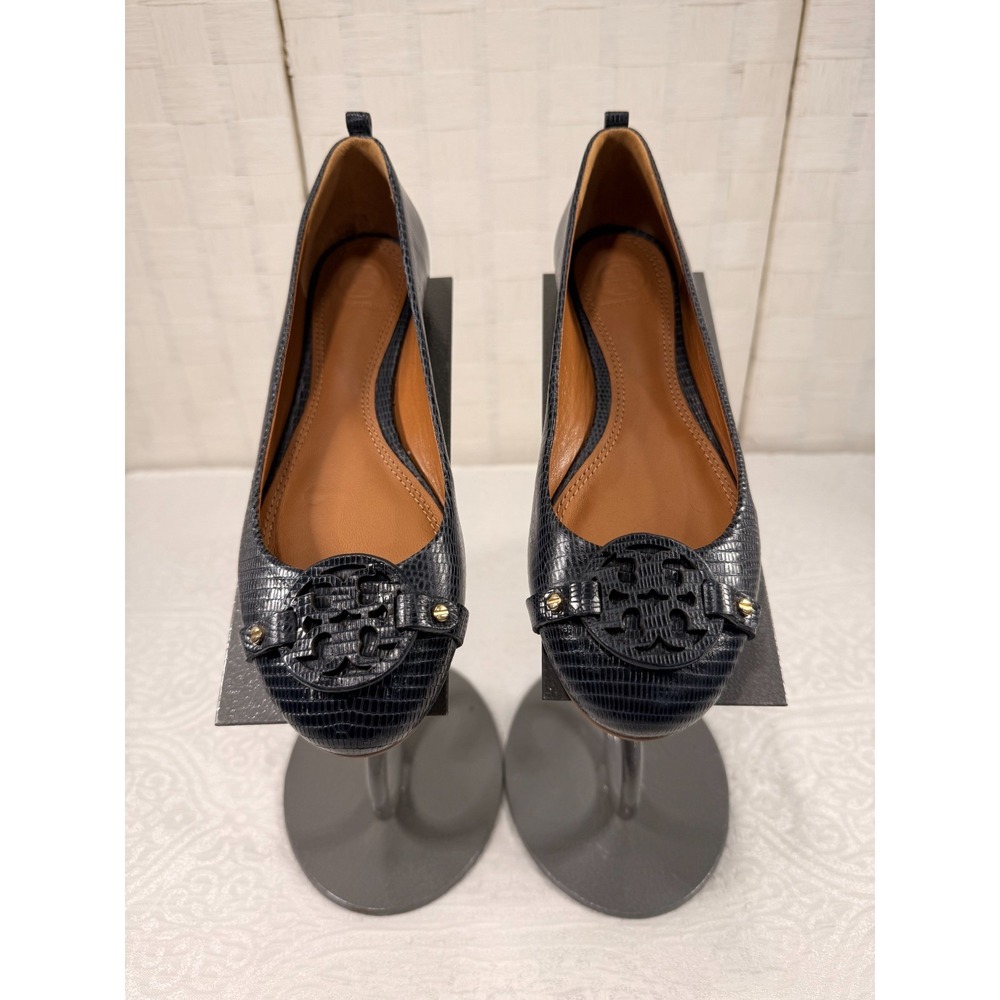 Tory Burch Mini Miller Navy Lizard Embossed Leather womens size 7.5